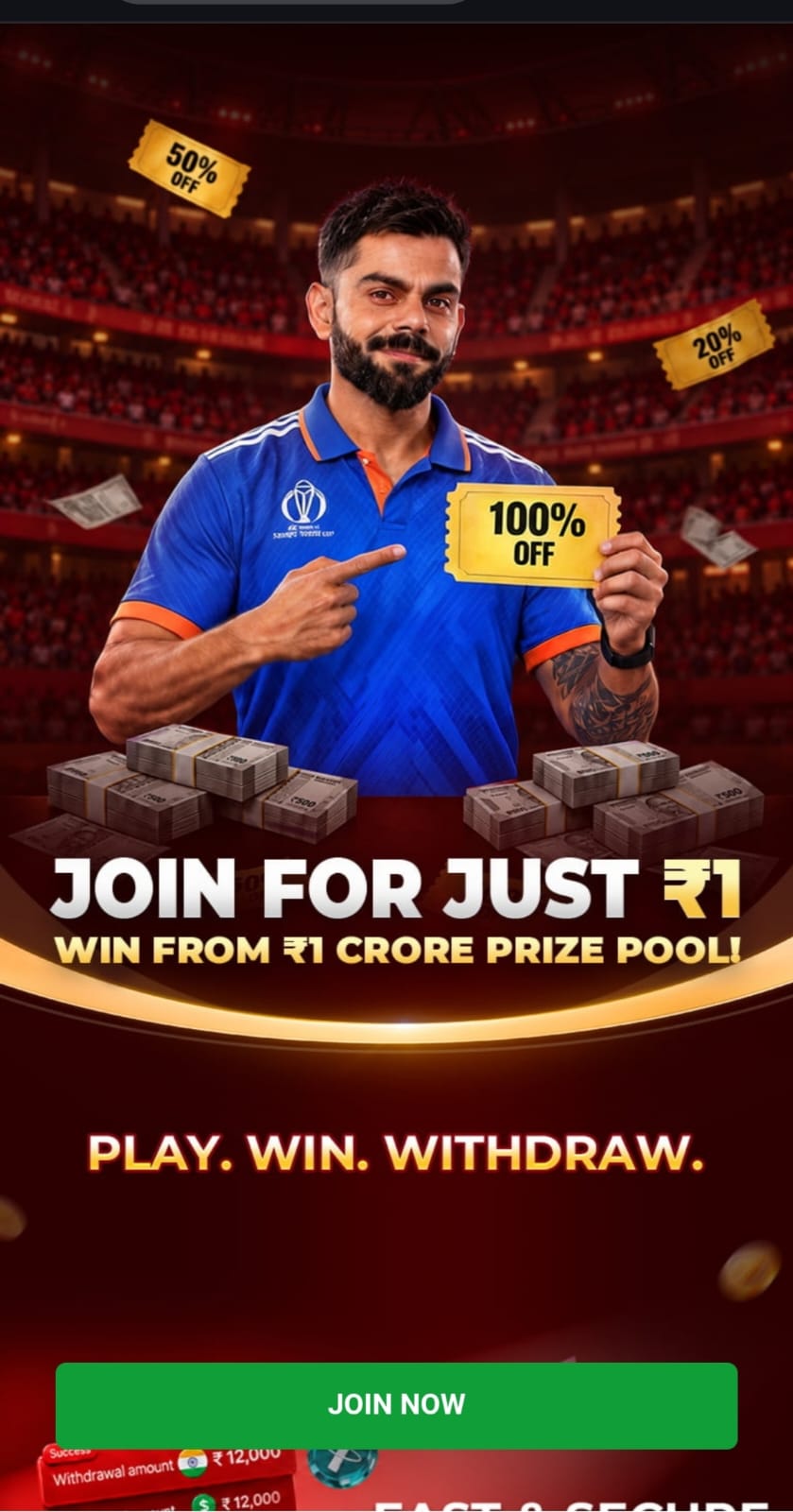 Hero11 cricket promotional banner with player, prize pool and join now offer