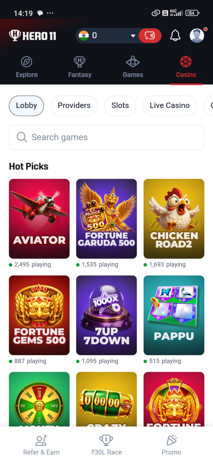 Hero11 casino games lobby featuring popular slots and online games