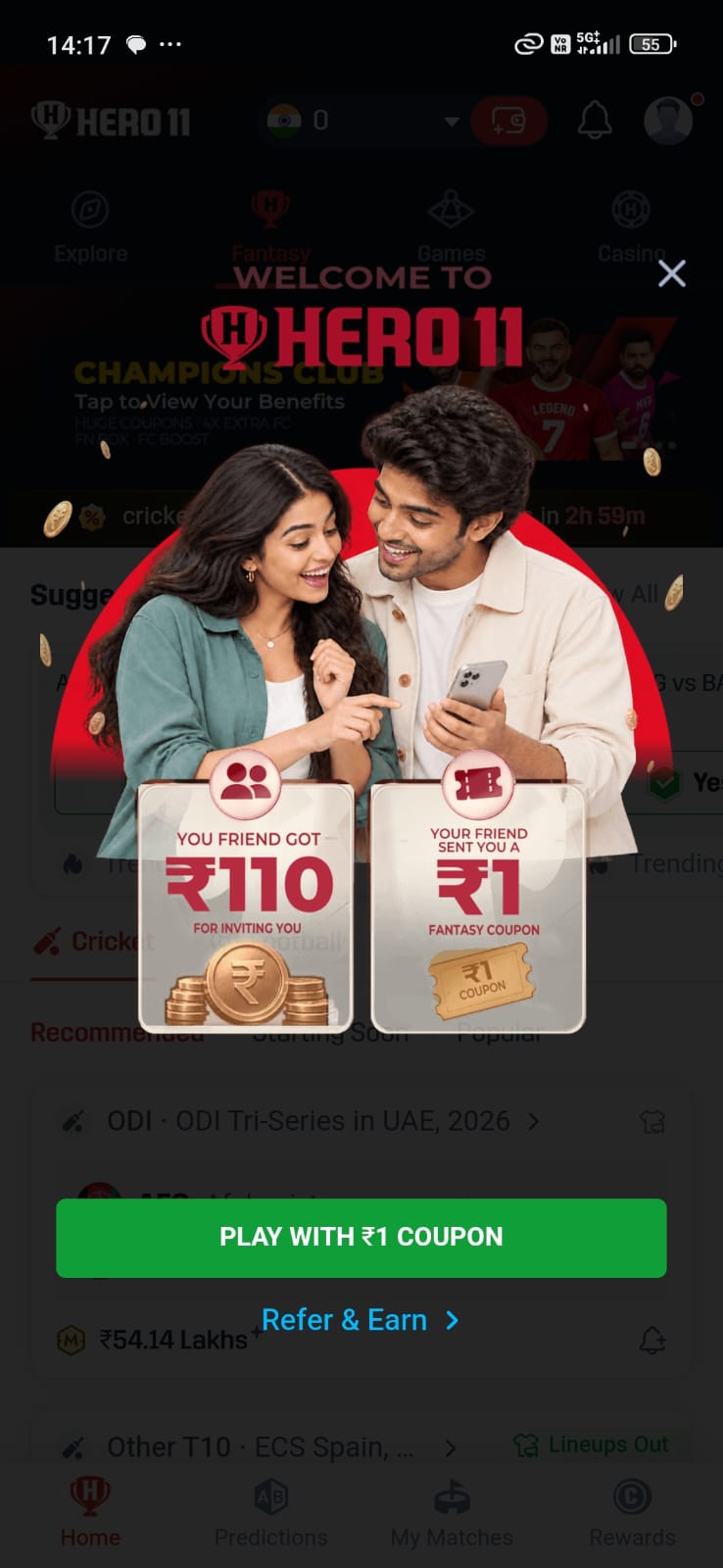 Hero11 welcome screen showing fantasy coupon and referral rewards