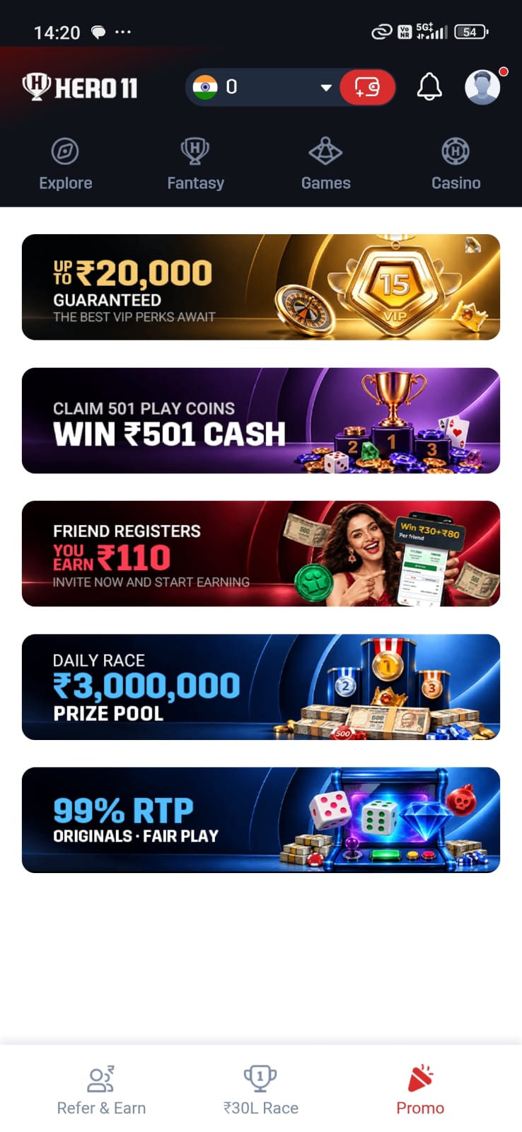 Hero11 promotions page featuring VIP rewards, cash offers and gaming promotions