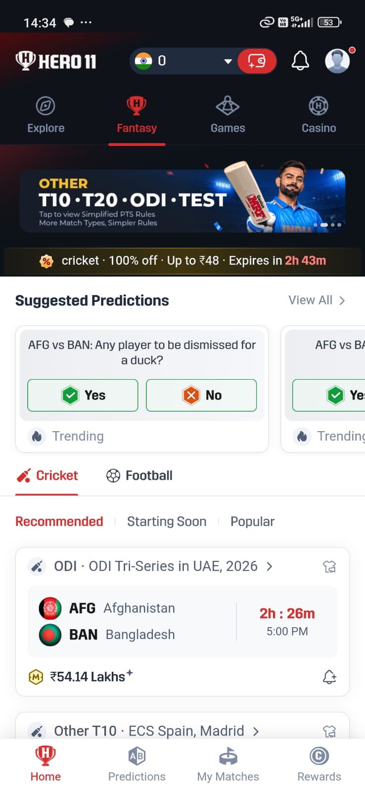Hero11 fantasy sports app home screen with cricket predictions and matches