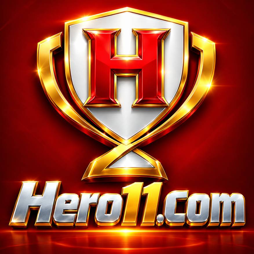 Hero11 Game logo with golden trophy shield and red metallic H design